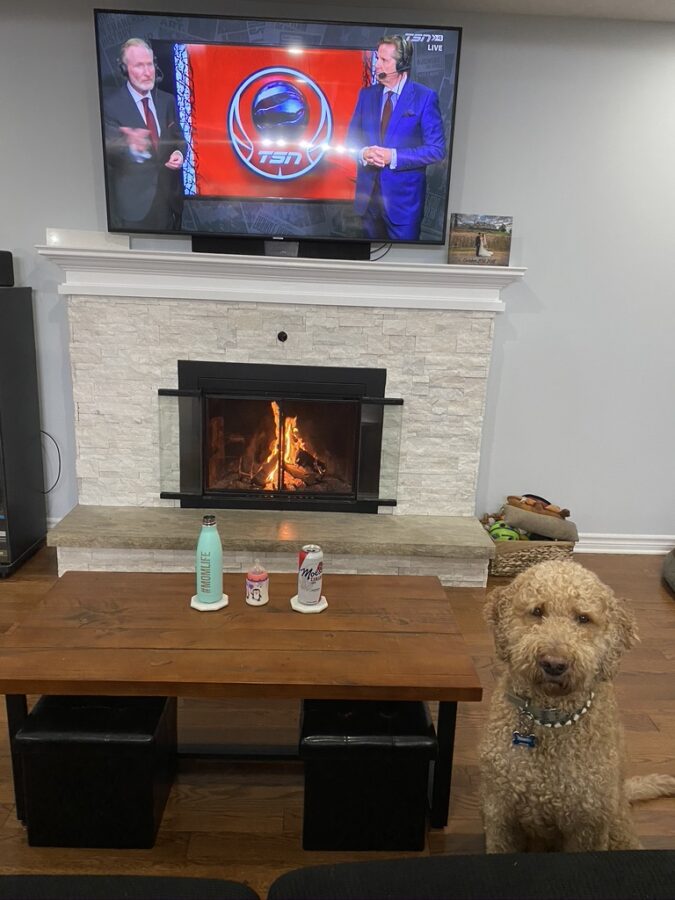Image of a white stone fireplace with a fire, a tv above on TSN, a coffee table and a golden doodle.